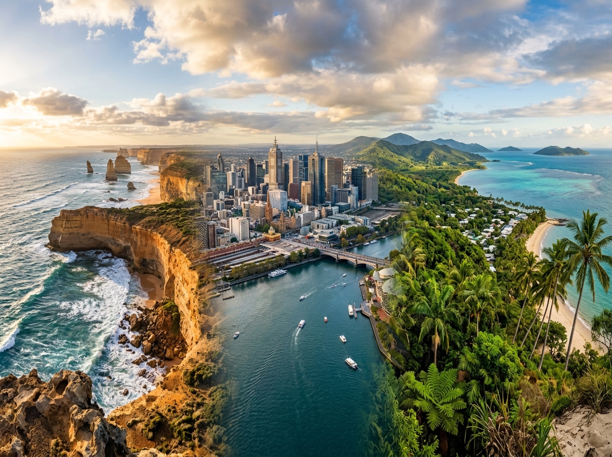 Composite Australian coast, Melbourne and tropical landscape