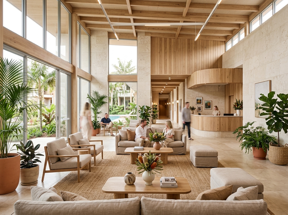Sunlit contemporary Australian hotel lobby stay